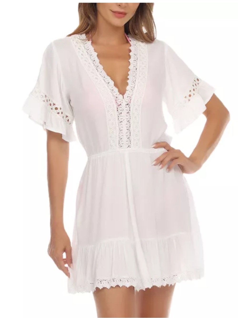 Raviya White Lace-Trim Swim Coverup Dress